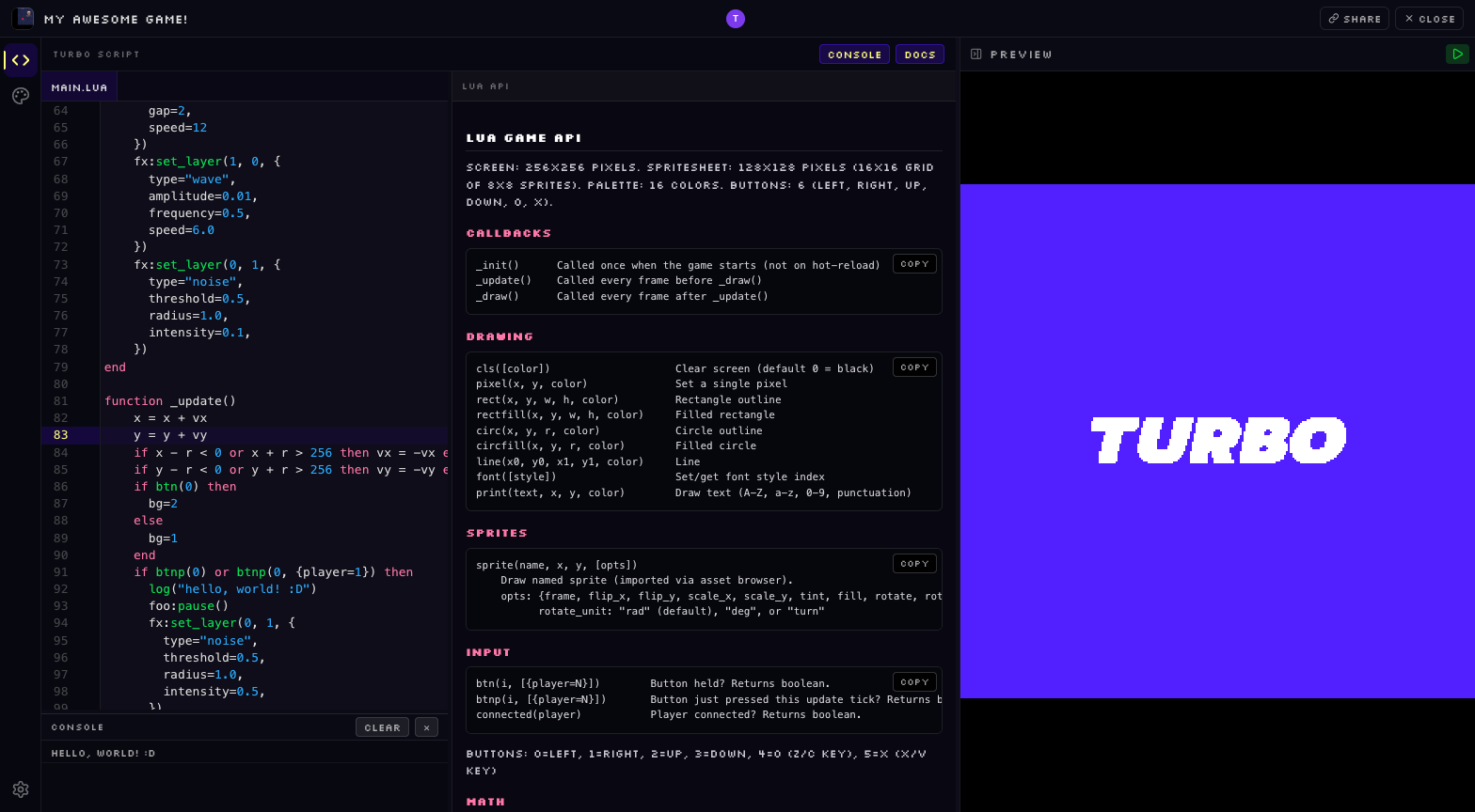 Turbo Studio editor with code, sprites, and live preview